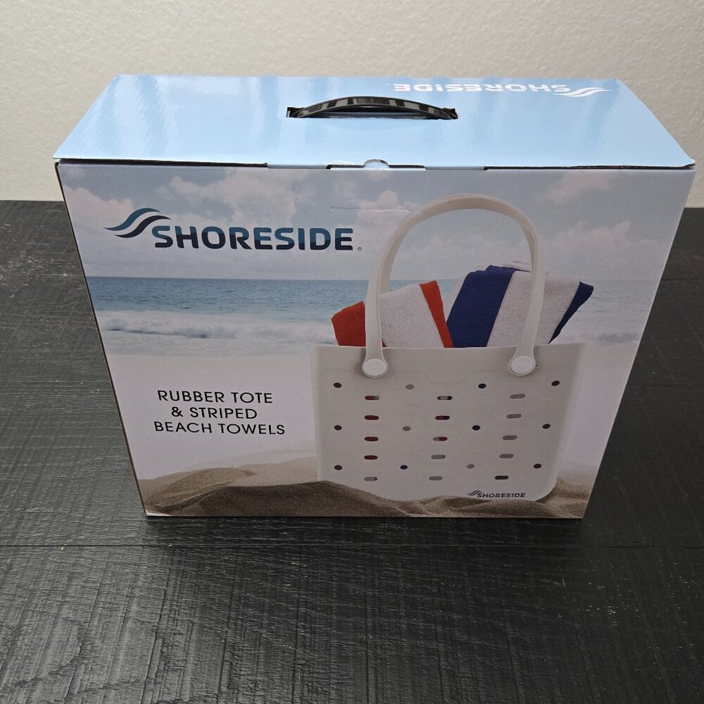 Shoreside- Rubber Tote & Striped Beach Towels, Blue and Red.